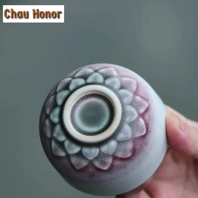 110ml Chinese Dunhuang Mural Lotus Ceramic Teacup Antique Kiln Change Glaze Tea Bowl Creative Lotus Throne Master Cup Tea Pair
