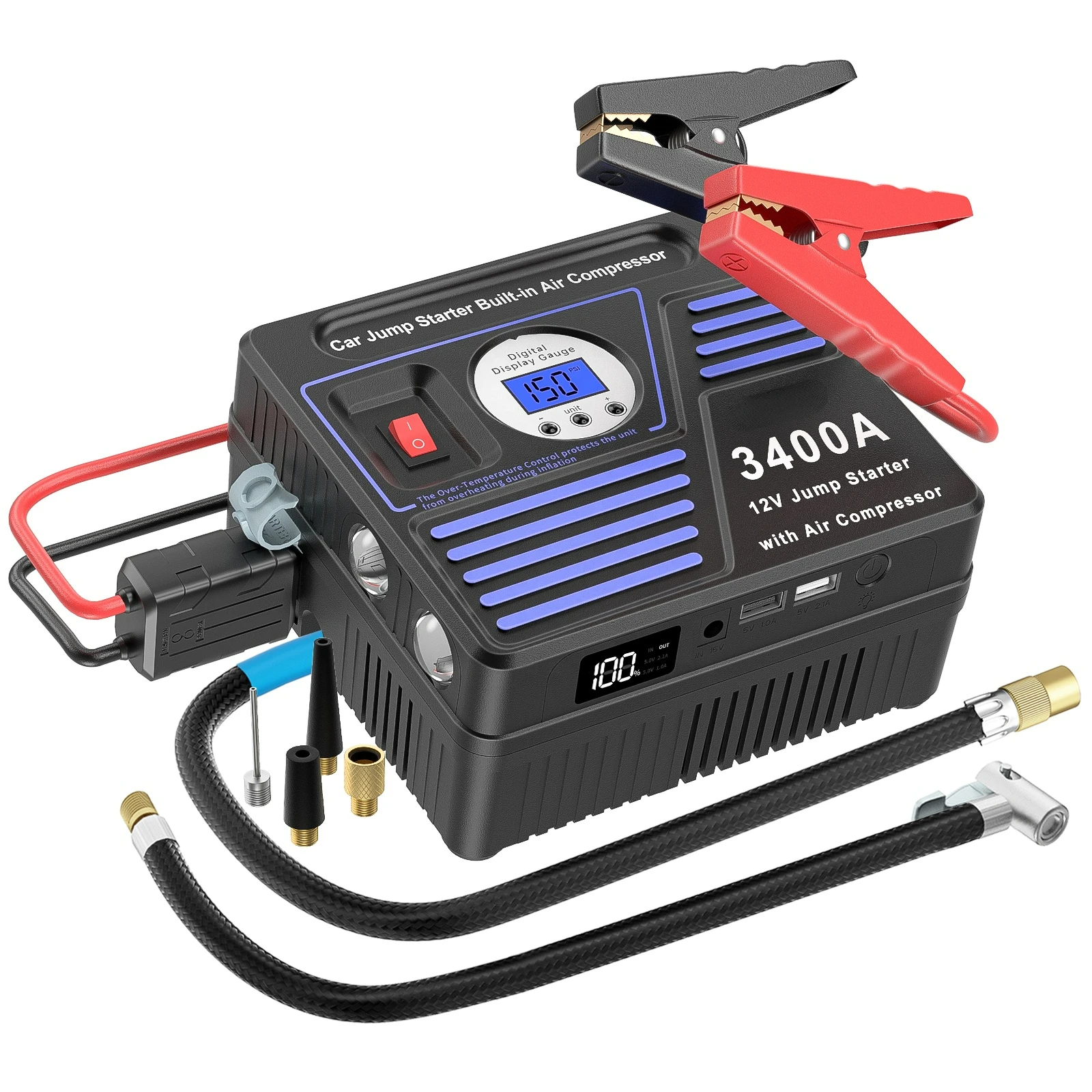 Portable 6 In 1 Car Battery Pack Booster Charger Power Bank Built Air Compressor Output Car Jump Starter easun power 5600w solar inverter mppt 80a solar charger 500vdc pv open circuit voltage 48v battery off grid inverter parallel up to 9 units built in wifi app control