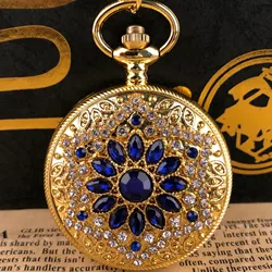 절묘한 블루 다이아몬드 꽃 쿼츠 포켓 시계, 아랍어 숫자 목걸이 펜던트 시계, 남녀공용 학생 선물, 팝 장식