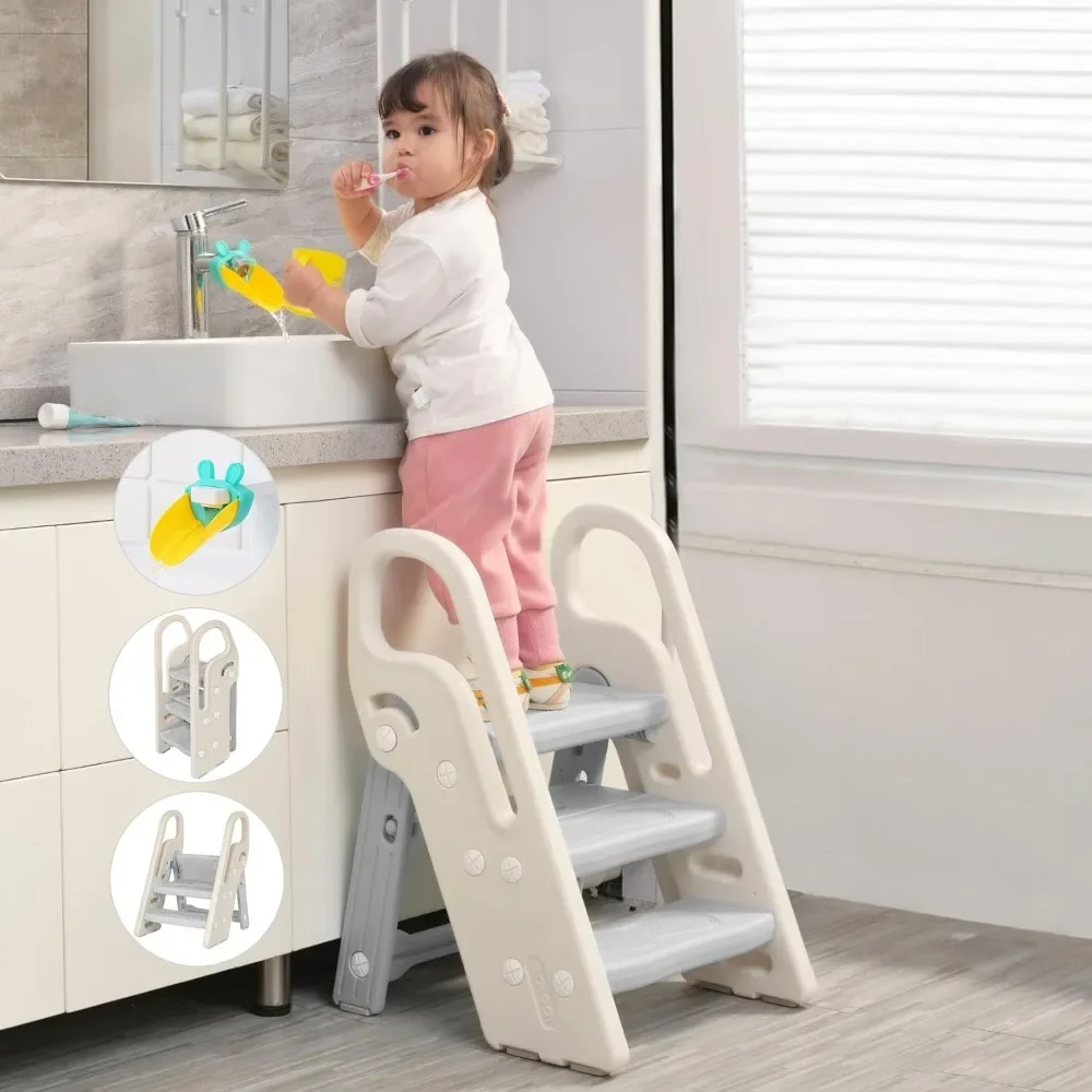 Foldable Step Stool for Bathroom Sink, Adjustable 3 Step Stool for Kids Toilet Potty Training with Handles, Child