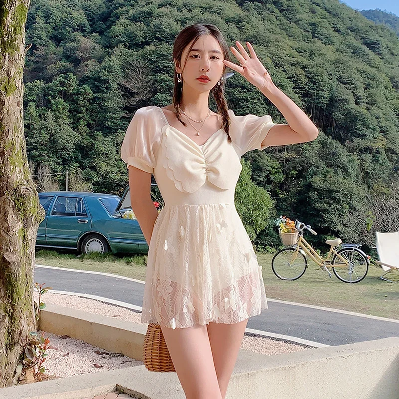 

Solid One Piece Swimsuit Woman Lovely Bow High Waist Mesh Patchwork Skirt Swimwear Women Push Up Body Bathing Suit Women 2023