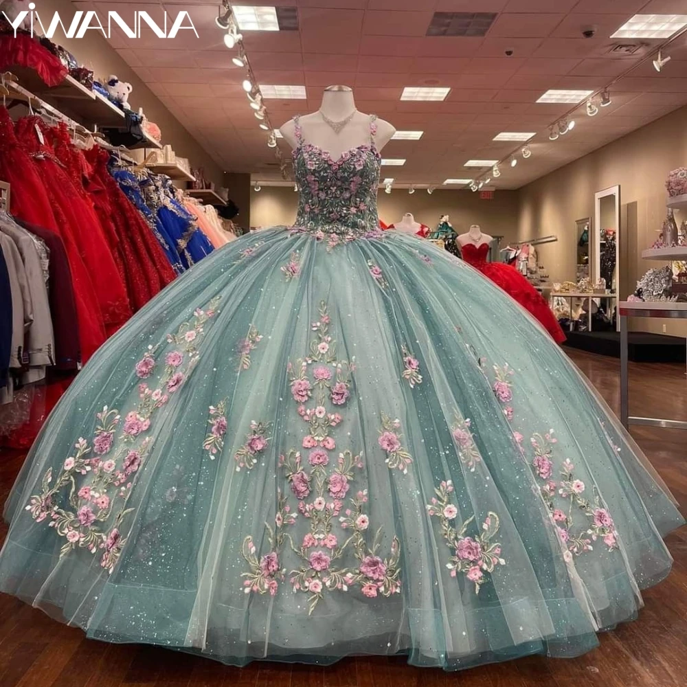 Vestidos de baile Quincearrra, cintas de espaguete graciosas, encantadora princesa flor 3D, vestido colorido longo e brilhante