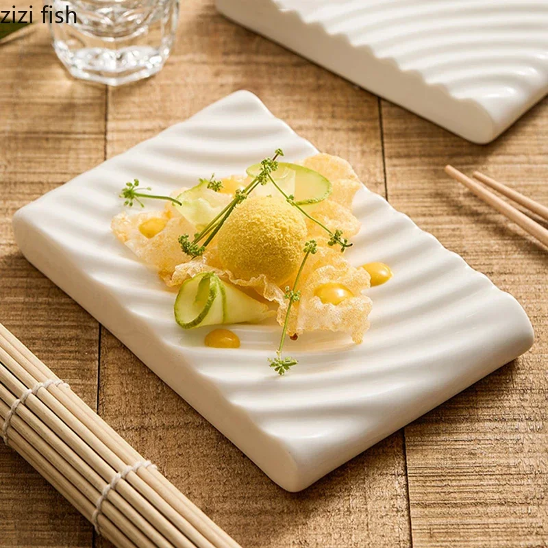 White Double-layer Ceramic Dinner Plate Irregular Texture Dessert Plate Dim Sum Sushi Dish Restaurant Specialty Tableware