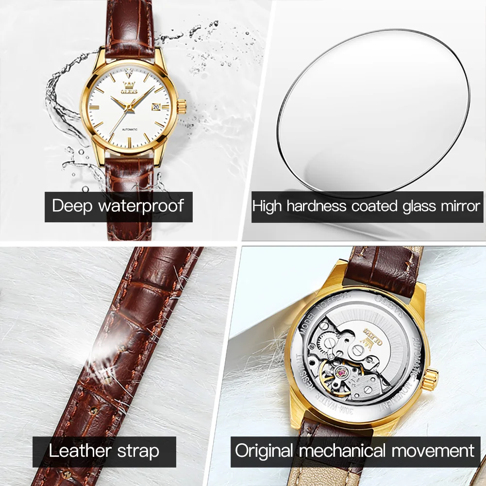 OLEVS Mechanical Watch for Women Fashion Leather Strap Waterproof Calendar Automatic Womens Watches Top Brand Luxury Wristwatch
