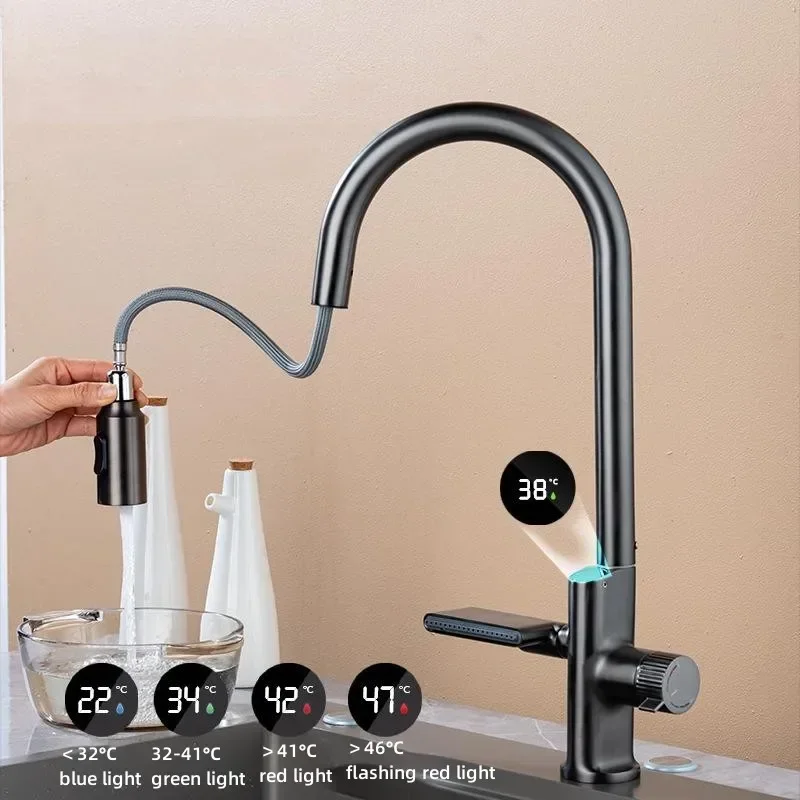 Bathroom Faucet Hot Cold Water Sink Mixer Tap Pull Out Stream Sprayer Waterfall Temperature Sensor Digital Display Kitchen Tap 2