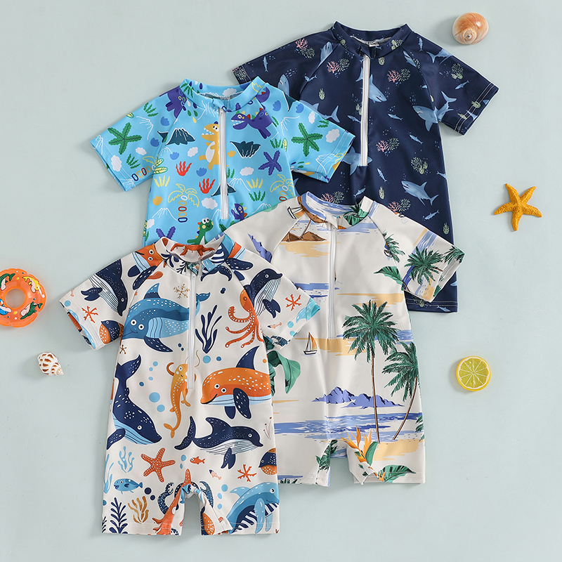 Tregren 0-3Years Toddler Boy Girl Swimsuit Cartoon Shark Print Swimwear Short Sleeve Mock Neck Zip Up Rash Guard Bathing Suits