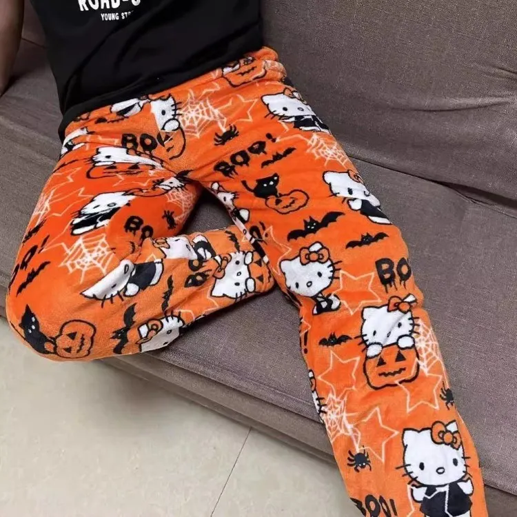 Christmas Hello Kitty pajama pants, loose anime-style loungewear trousers for women, cute cartoon couple sleepwear from CyberStreetOne.com orange