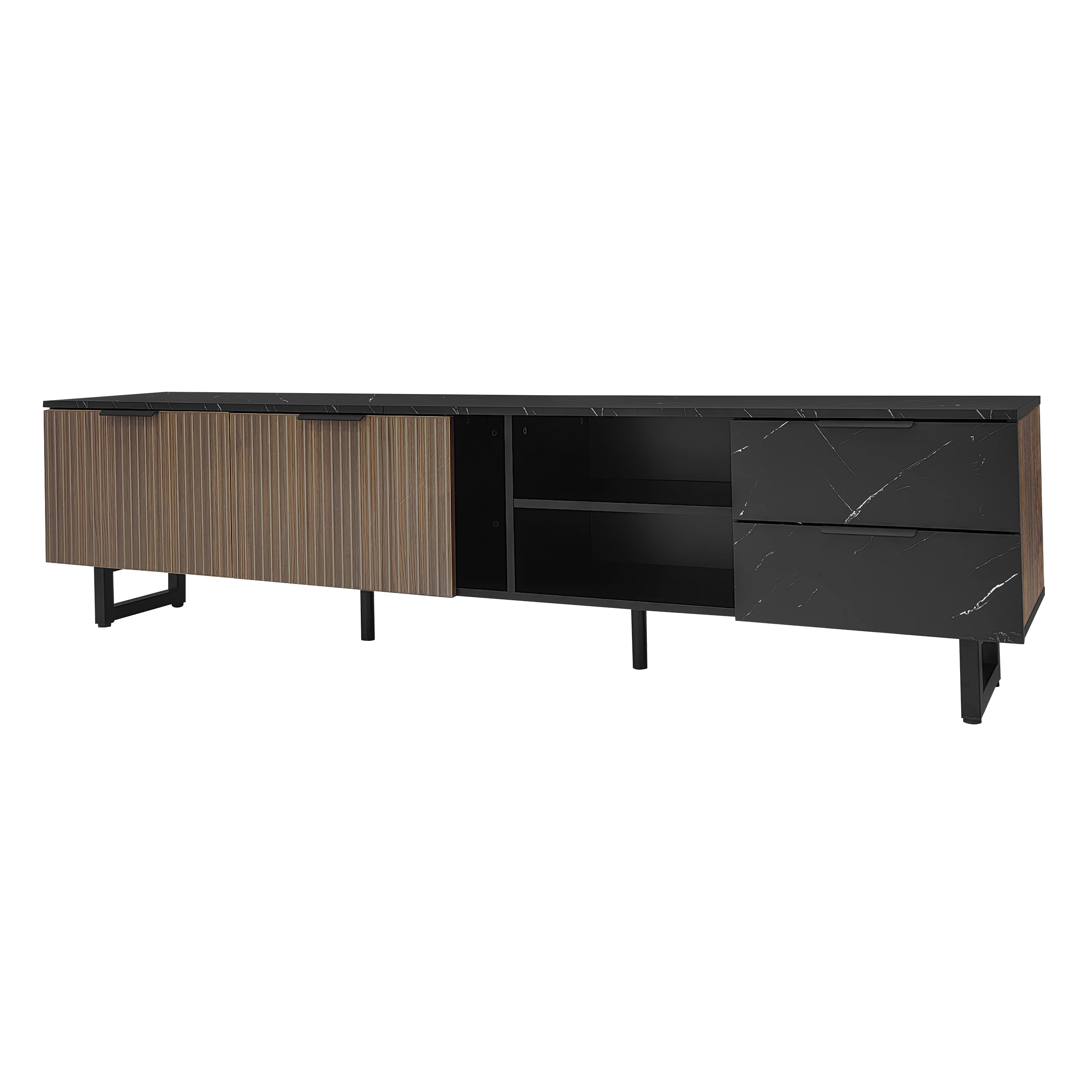 200 cm TV-Schrank mit schwarzem Marmoroptik, Türen mit dunkler Holzmaserung, verstellbare LED-Beleuchtung, zwei Türen und zwei Schubladen – Detail 25