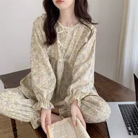 Four Seasons Can Wear Korean Style Floral Women's Pajamas Tops and Pants Summer Student Sleepwear Homewear Girl Sweet Nightwear - Image 2