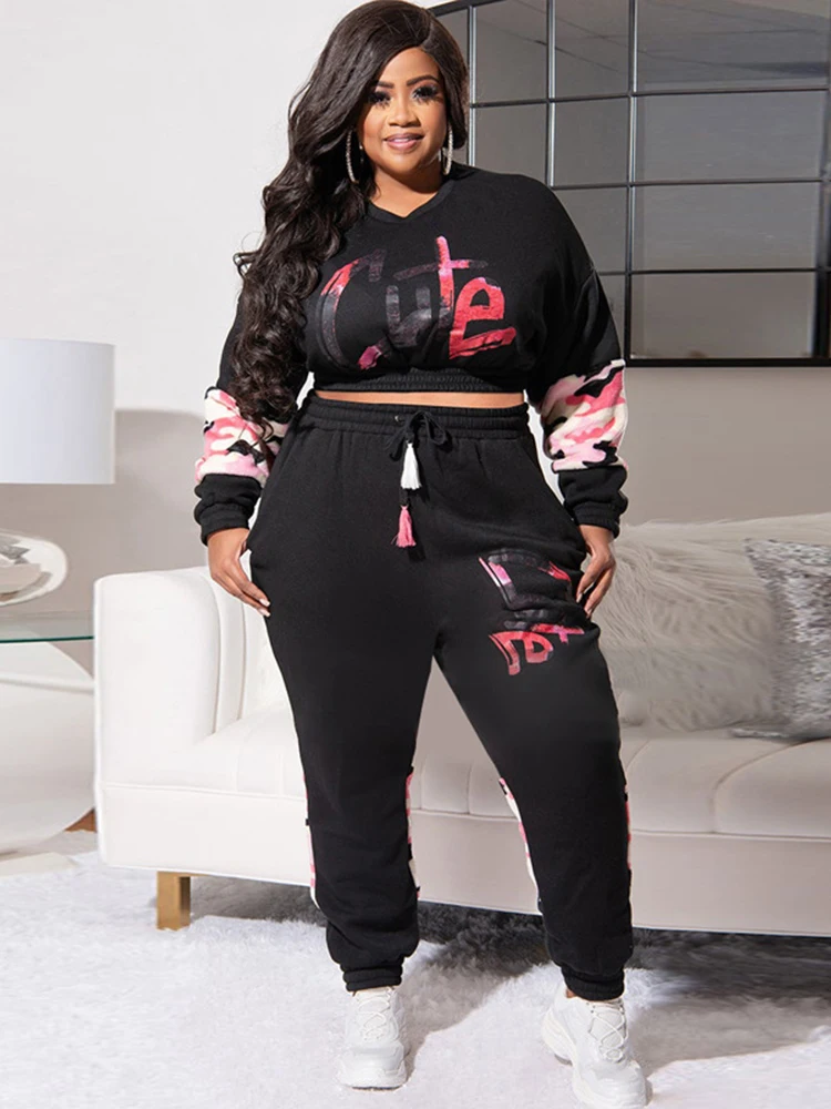 

ZJFZML ZZ Plus Size Women Workout Tracksuits Casual Camouflage Letter Print Long Sleeve Sweatshirt and Drawstring Waist Trousers