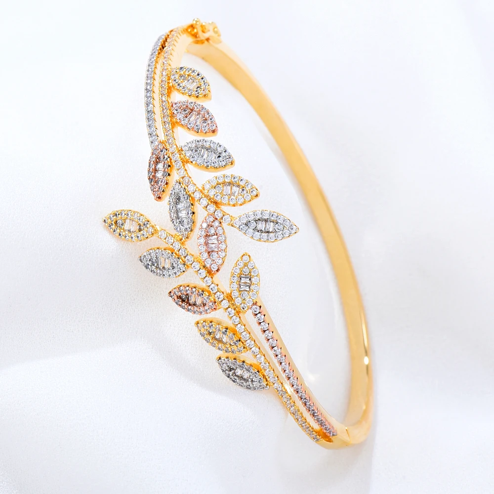 GODKI Maxi Size 3 Colors Leaf Bracelet Bangle For Women Wedding Party Zircon Crystal Engagement DUBAI Bridal Jewelry Gifts