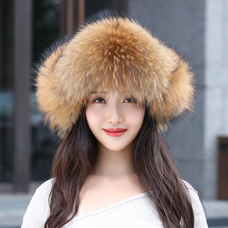 2023 Cap100% Real Fox Fur Women\'s Hats Russian Ushanka Aviator Trapper Snow Ski Hat Earflap Caps Winter Raccoon Fur Bomaber Hat