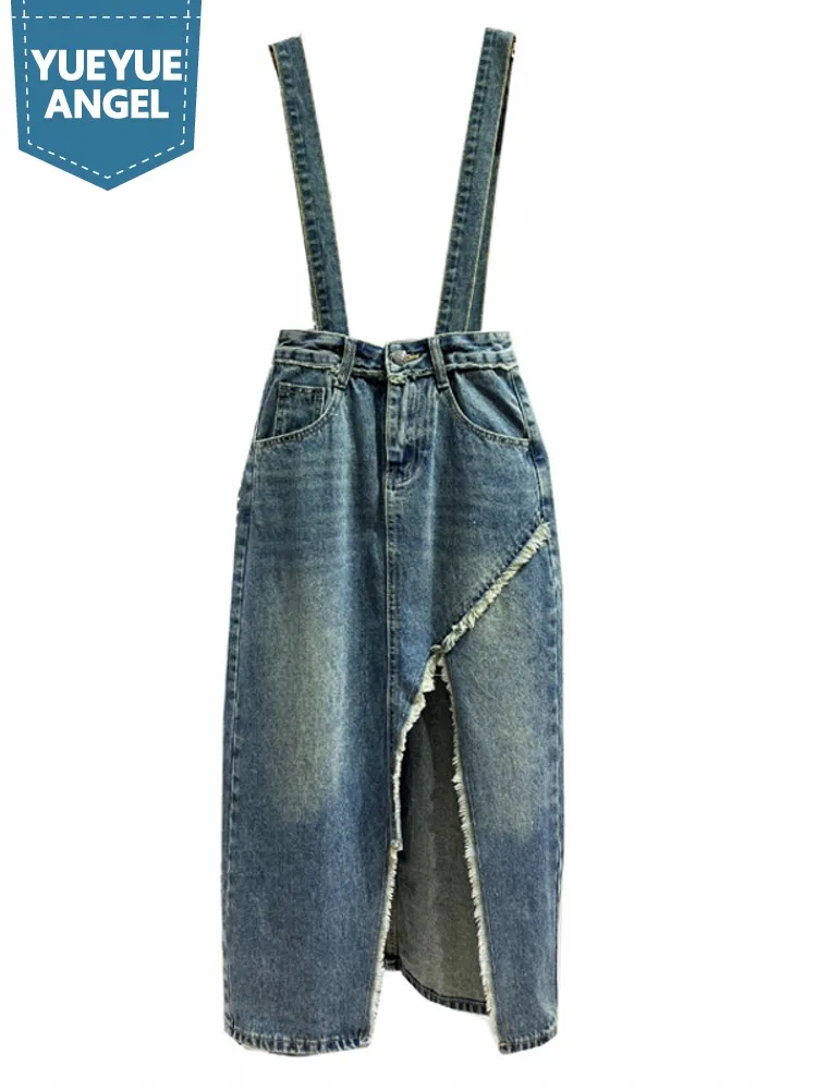 

Summer New Women Vintage Tassels Split Long Denim Skirt A Line Removable Strap Suspender Skirt High Waist Mid Calf Casual Skirts