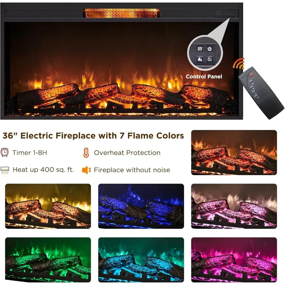 Fireplace TV Stand for 80 Inch TV, Mid Century Modern Entertainment Center with 36" Electric Fireplace & Led Lights, Wo 3
