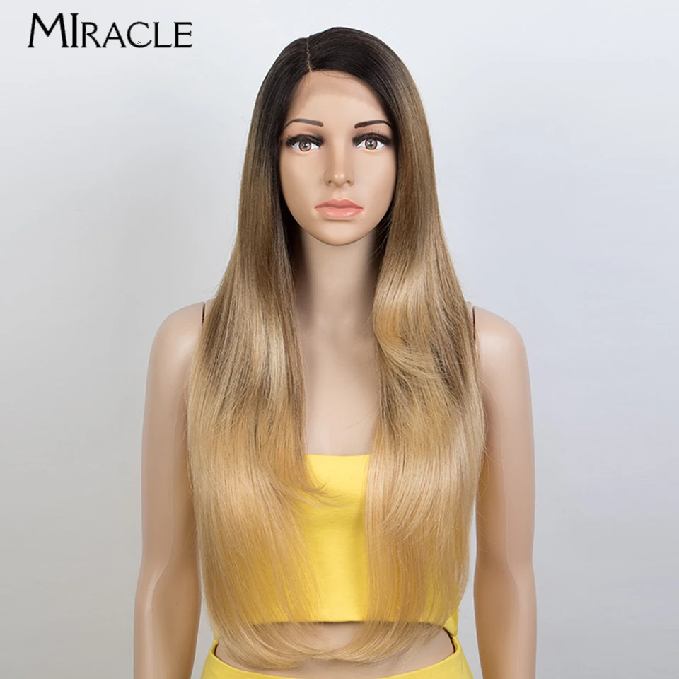 MIRACLE Straight Lace Wigs 28‘’ Soft Synthetic Lace Front Wig 613 Ombre Blonde Wigs Fiber Heat Resistant Cosplay Wig for Women