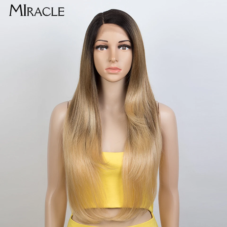 

MIRACLE Straight Lace Wigs 28‘’ Soft Synthetic Lace Front Wig 613 Ombre Blonde Wigs Fiber Heat Resistant Cosplay Wig for Women