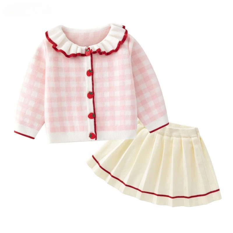 2023 Korean Kids Girl Knitted Skirt Suit Set 2 Pcs For Autumn Winter Children Pink Plaid Knit Cardigan + Pleated Skirts