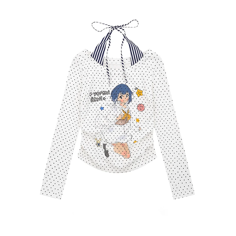 Karrram Japanisches Y2k Anime Print T-Shirt 2000er Jahre Cutecore Off Shoulder Tops Vintage Harajuku Langarm Fake Zweiteiler Top Kawaii – Detail 9