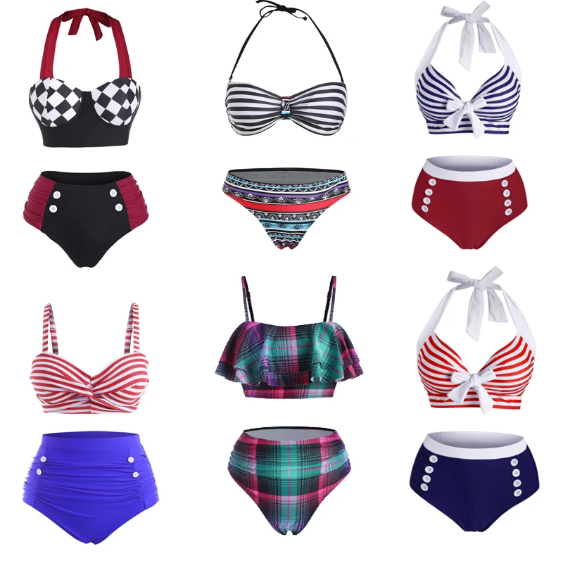 Женская пляжная одежда в стиле пэчворк с бретелькой через шею и пуговицами