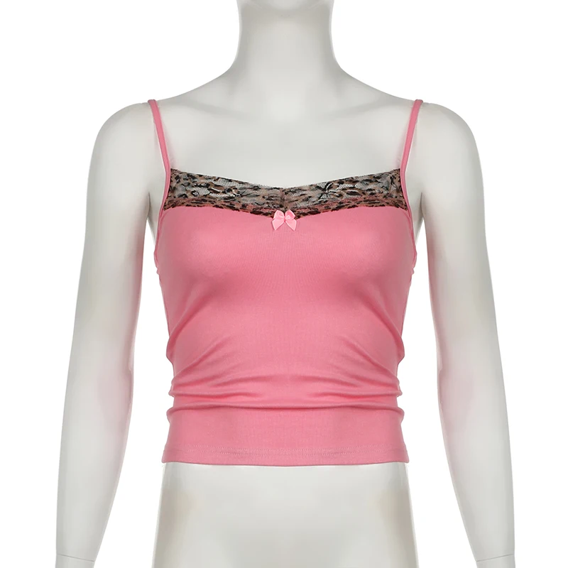 Camisola rosa con cuello estampado de leopardo Y2K para mujer, sin mangas, de punto, linda y sexy, top corto de verano, chaleco informal para mujer, conjuntos