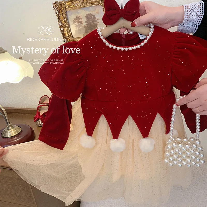 

2023 Girls' Chinese Style Red New Year Velvet Padded Dress Autumn and Winter Velvet Princess Dress Cake Dress