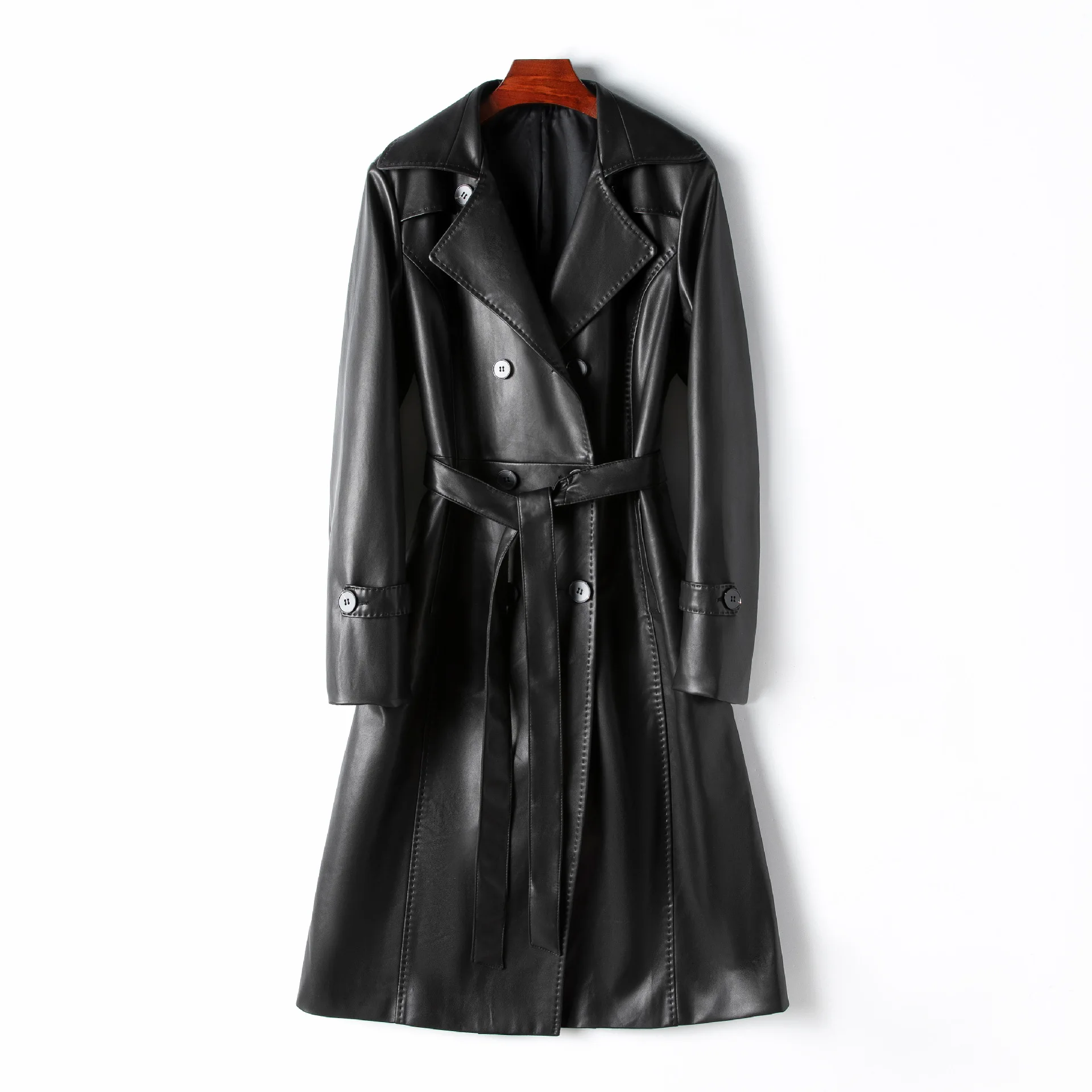 

2023 Autumn Sheepskin Long Leather Coat New Women's Lace up Casual Leather Windbreaker Coat