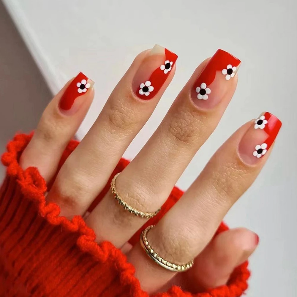 24Pcs Full Cover Short Round/Square Head False Nails Irregular Red Nail  Small Flower Wearable French Fake Nails Press On Nails| | - AliExpress