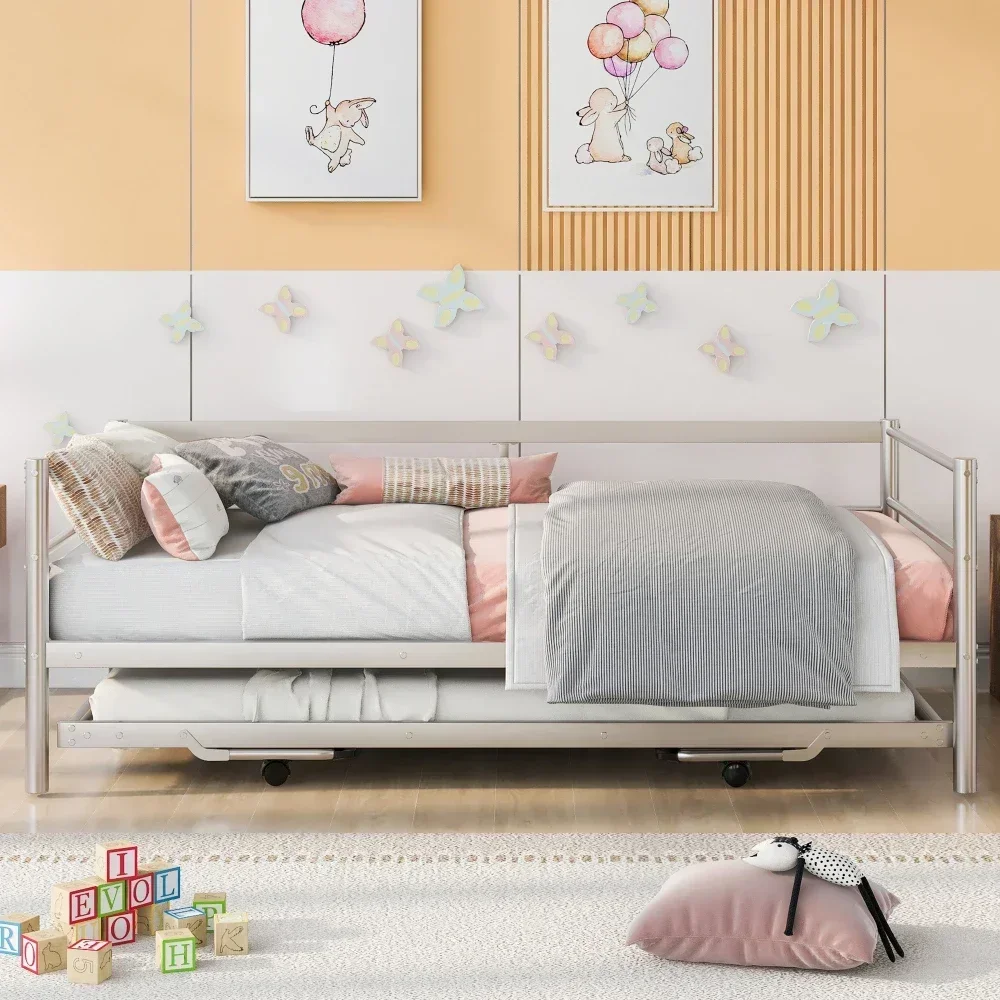 Children Beds Twin Size Metal Daybed with Adjustable Trundle,Silver Bunk Beds for Kids for Girls From 6 To 12  Years Princesses 5