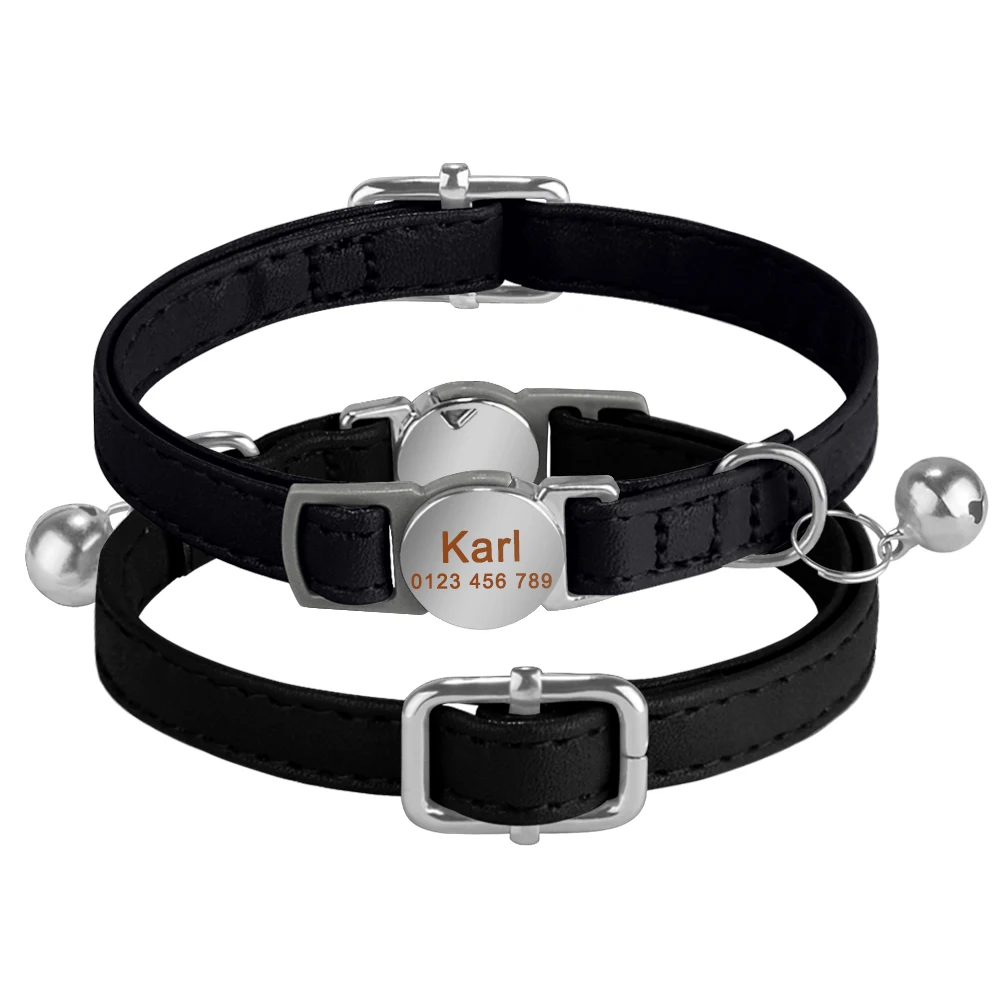Safety Breakaway Anti-lost Cat Collar Engraveing Personalized  Leather Collars With Free Name Bell Pet Cats Accessories 4