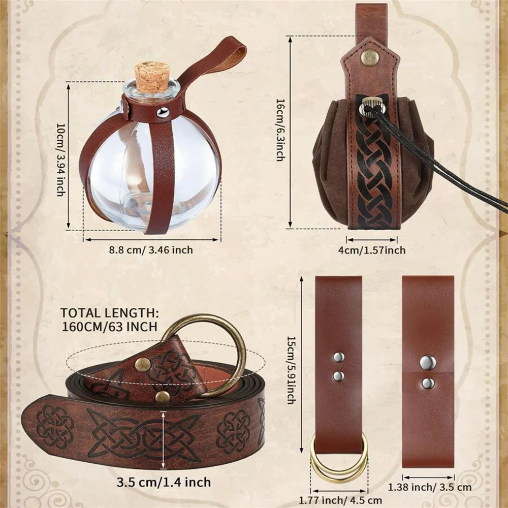 Set Accessori Medievali Per Costumi - Cintura, Borsa E Bottiglie Pozioni, Marrone - Foto 12
