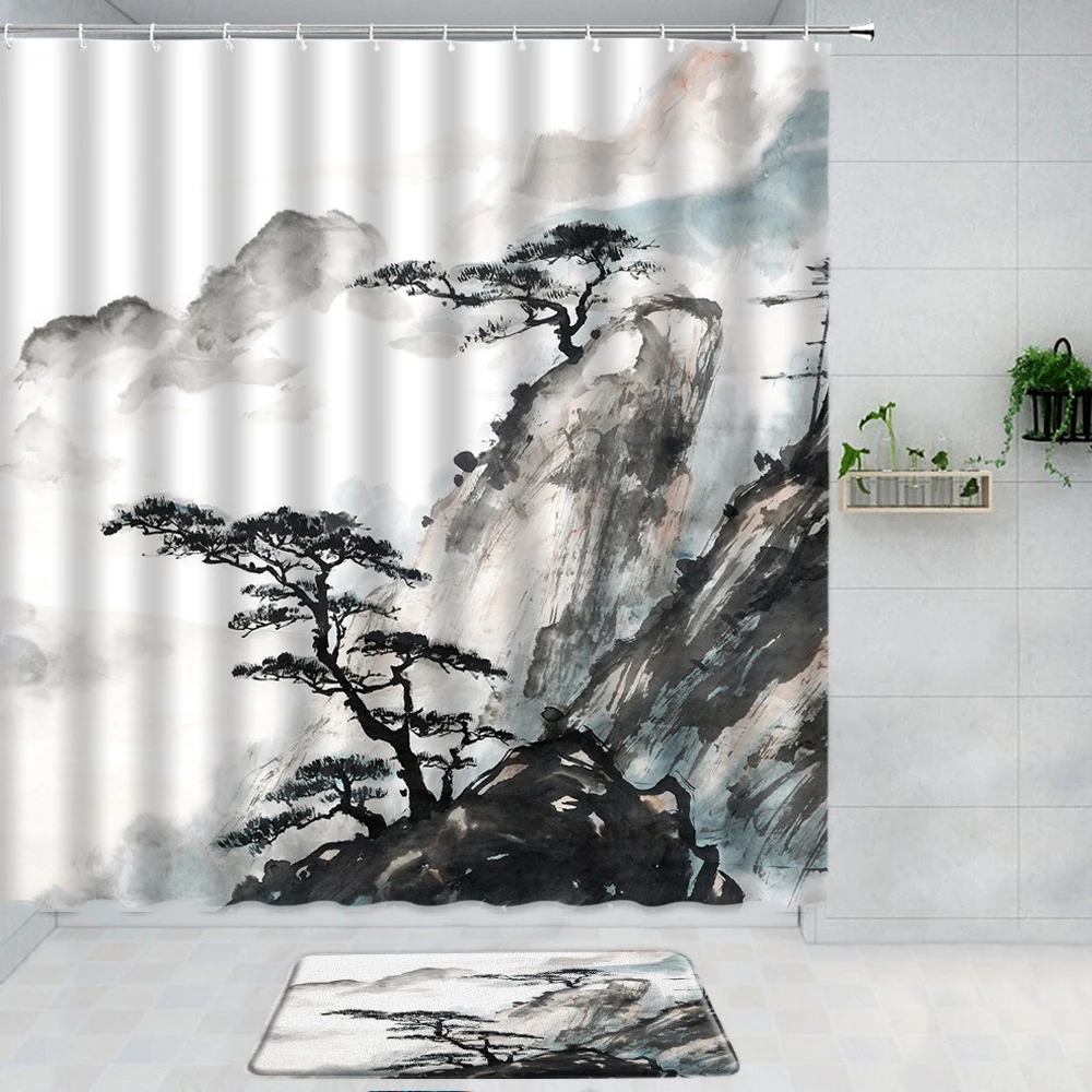 

2PC Landscape painting Shower Curtain Mountain Pine Tree Flower Bird Home Bathroom Decor Fabric Curtains Anti Slip Bath Mat Sets