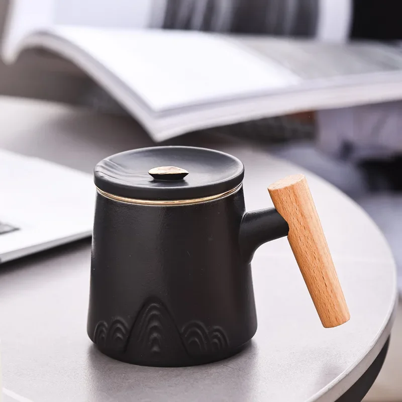 Portable Ceramic Tea Mug with High-end Mountain Carved Pattern Creative Thermos Cup Gift Box Packaging, Outdoor Office Home, 1Pc