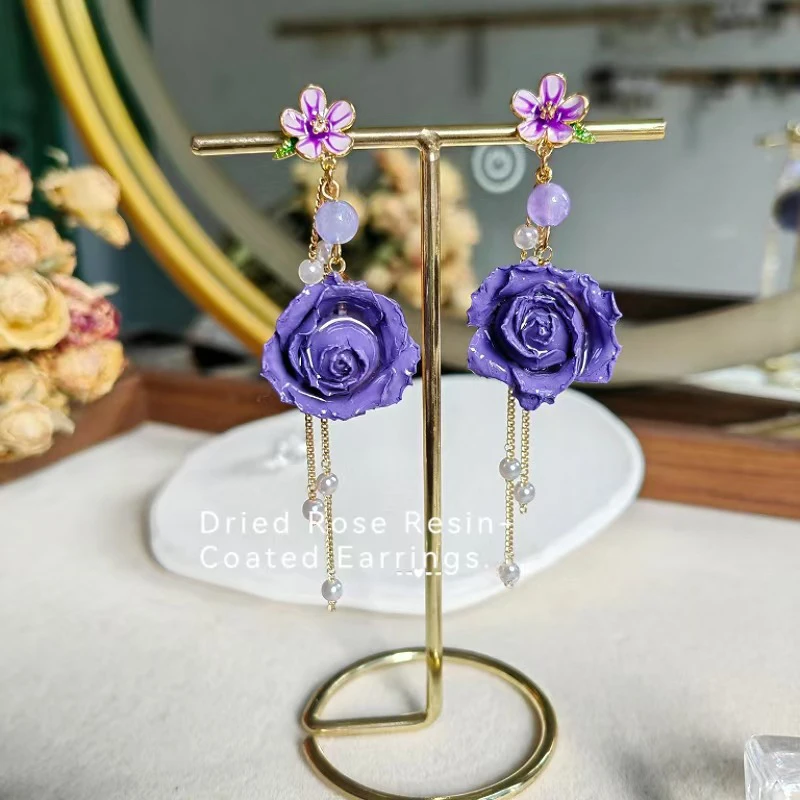 Elegant Immortal Rose Long Earrings Epoxy Resin Real Rose Flower 12