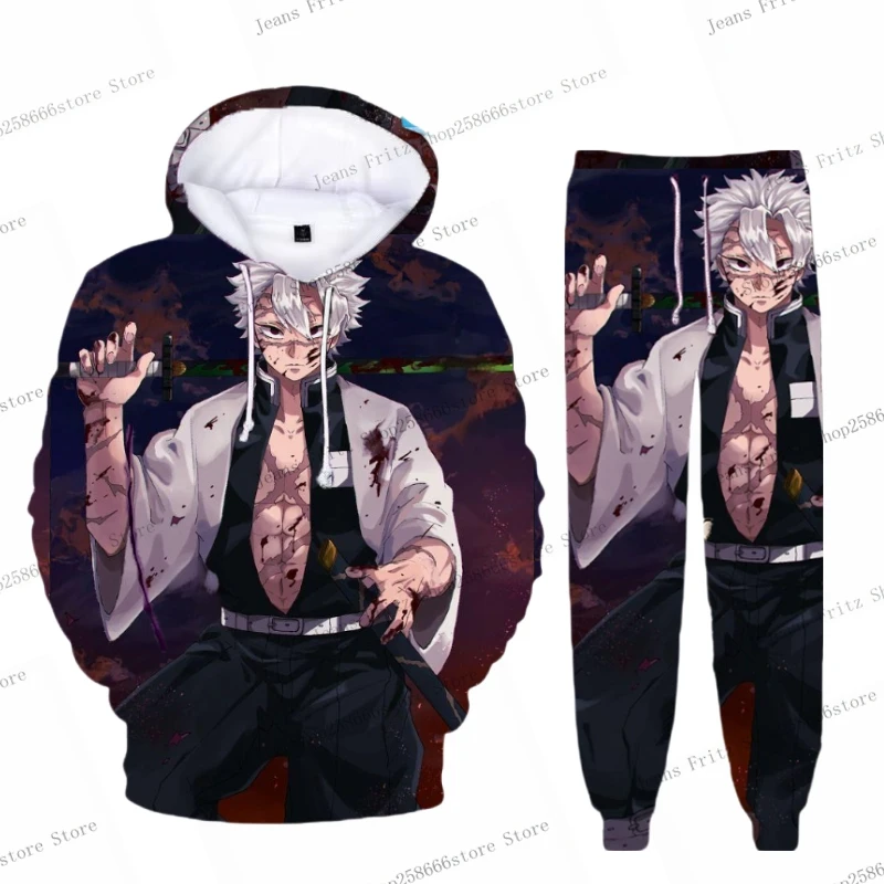 Anime Demon Slayer Hoodies 3D Printing Cosplay pants+Hoodie 2PCS Set Tracksuit Men Women Oversize Streetwear Hoodie Pants Sets 4