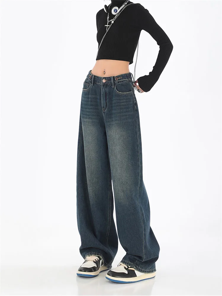 

Jeans Women Solid Vintage High Waist Wide Leg Denim Trousers Simple Students All-match Loose Fashion Harajuku Womens Chic Casual
