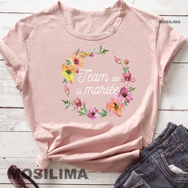 Team Bride Bachelorette Wedding Party Women Evjf Tee Shirt Casual ladies basic O-collar Pink Short Sleeved T-shirt Girl Peach3