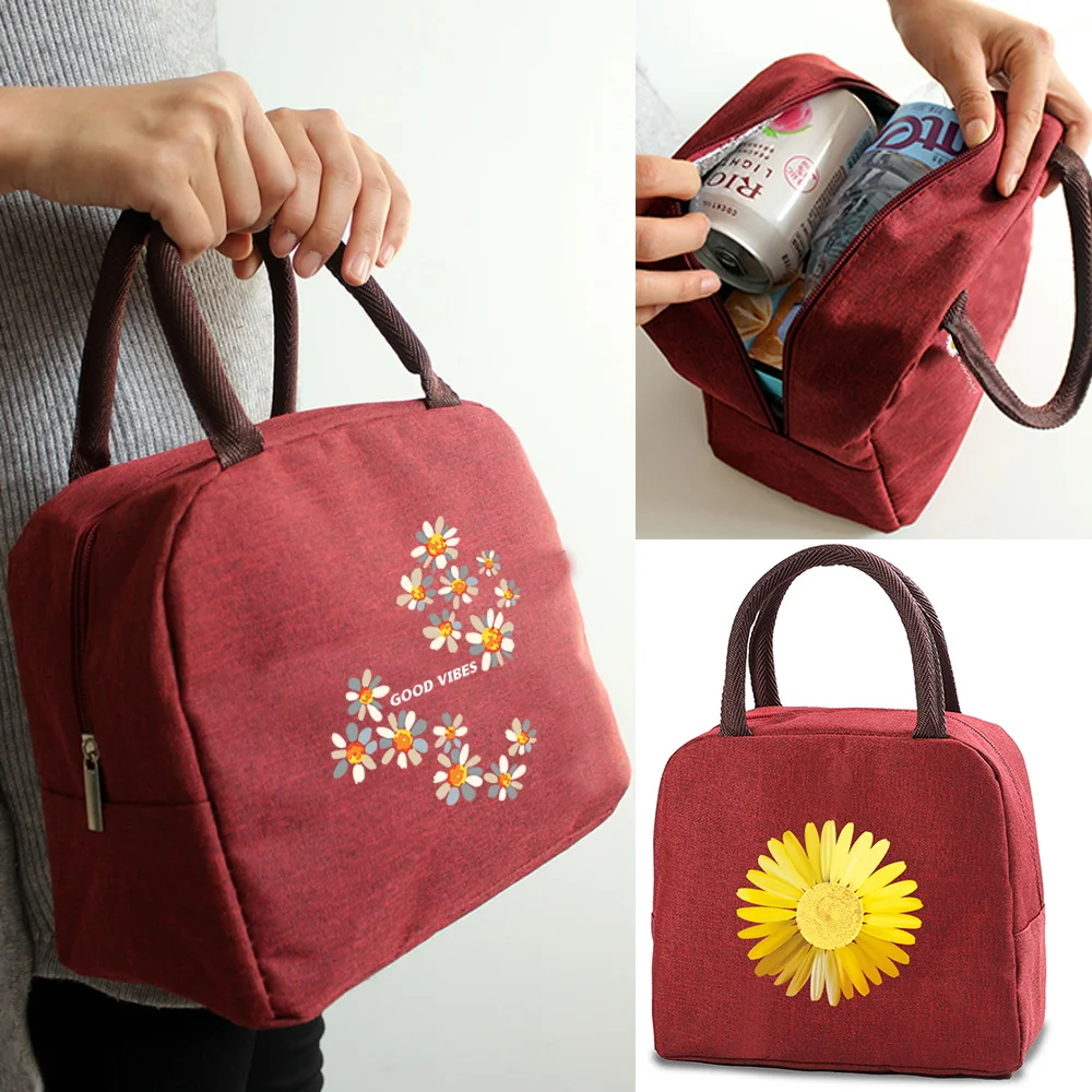

New Daisy Print Lunch Bag Canvas Picnic Insulated Handbag Food Cooler Bag Thermal Lunch Box Pouch Student School Food Dinner Bag