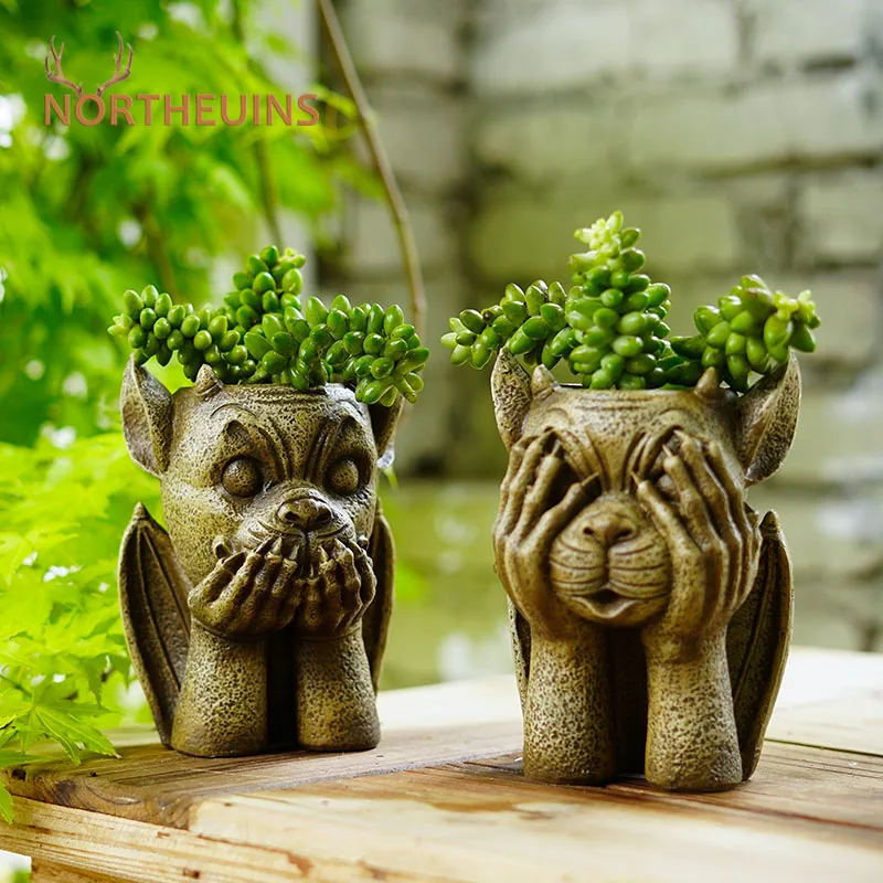 

NORTHEUINS Resin Monster Flower Pot Figurines for Garden Demon NO See Say Hear Art Decor Accessories Collection Object Home Item