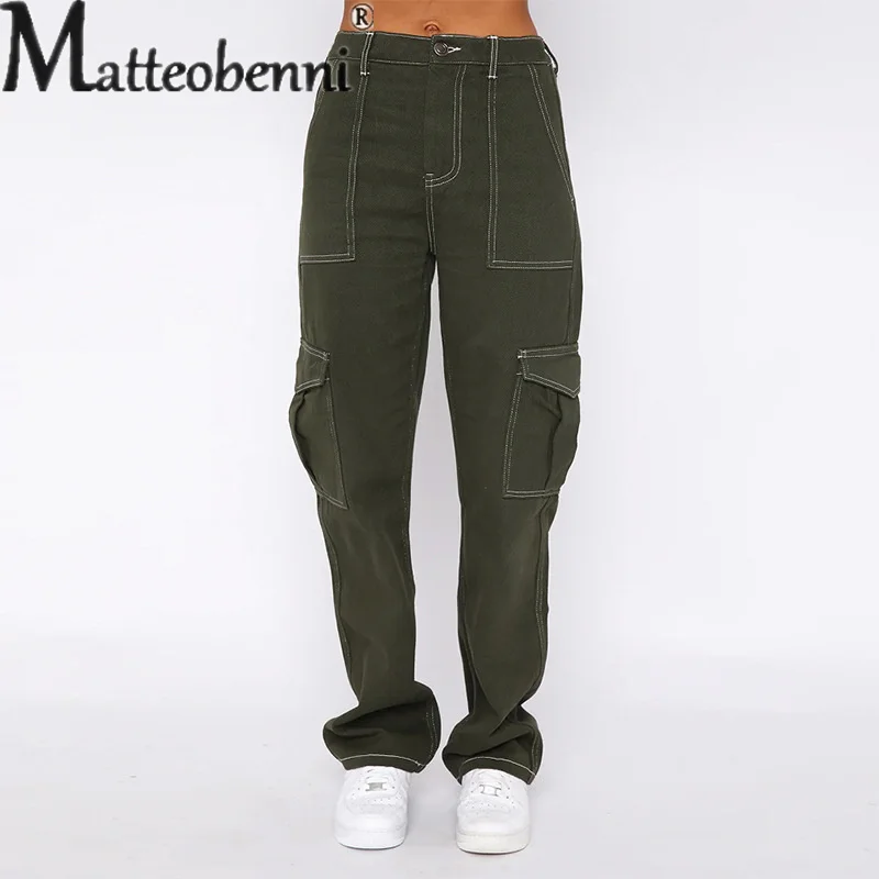 Fashion Loose Cotton Jeans Women Multi-pocket Splicing Overalls Casual High Waist Denim Pants Female New Trend Wide Leg Trousers