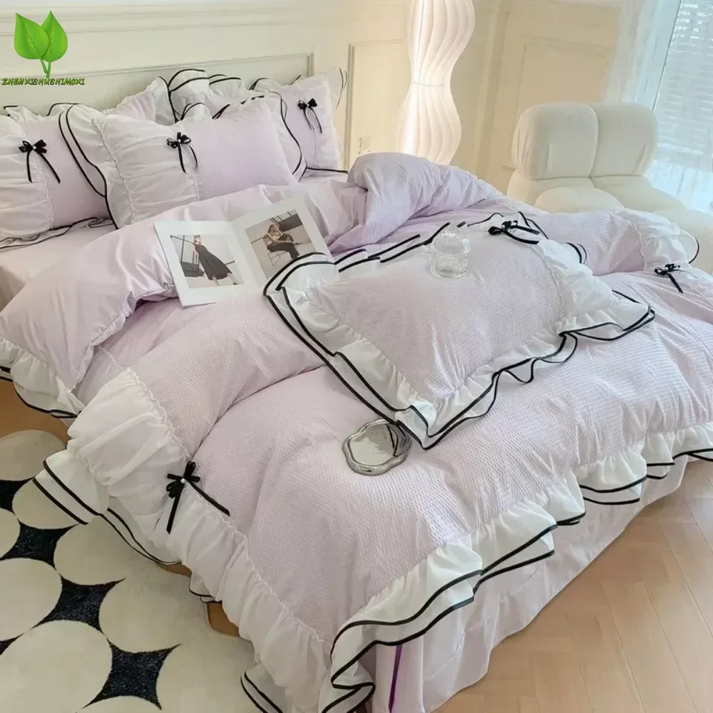 

Princess Korean Style Bedding Sets with Bow Pink Girls Double Queen Size Duvet Cover No Filling Flat Sheet Pillowcases Kit