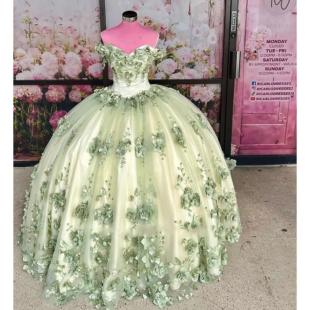 

Sage Green 2024 Off The Shoulder Quinceanera Dress Ball Gown Pearls Beading 3D Flowers Appliques Lace Corset Vestidos De XV Anos