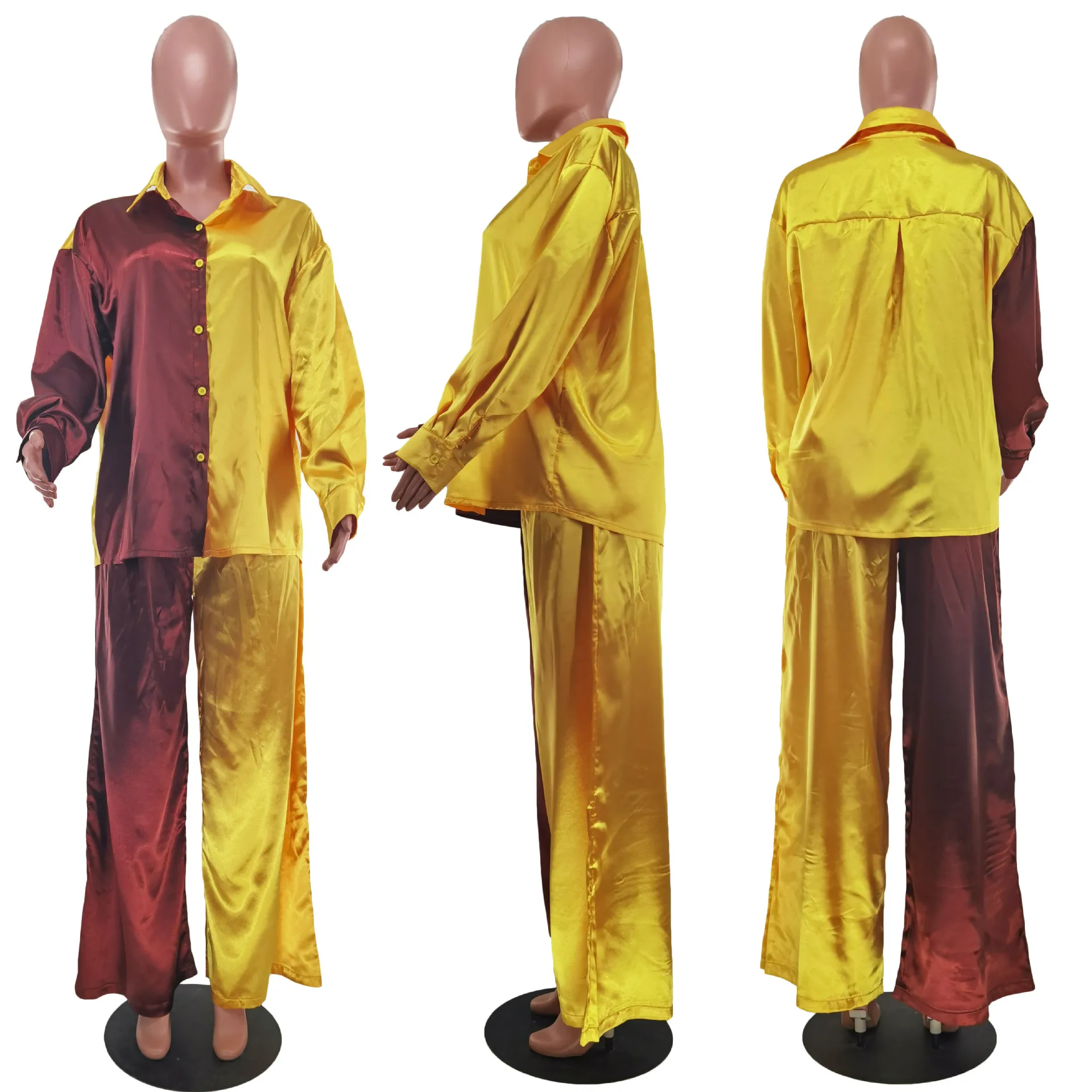 Spring and Autumn Women's New Long Sleeve Color Contrast Stitching Satin Loose Casual Suit Female & Lady Casual Fashion Top Pant