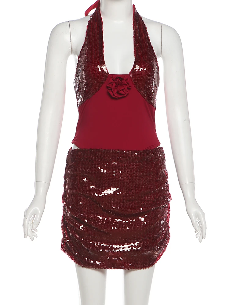 NIBBER Sequin 2-Piece Set Women Patchwork halter bandage 3d Flower low-neck skinny bodysuits+sexy folds skirts street sexy suits