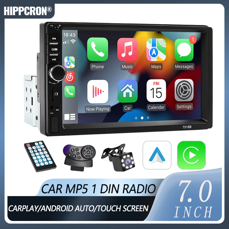 Hippcron Radio para coche de 7 pulgadas, 1 Din, Carplay, reproductor Multimedia Android para coche, pantalla táctil HD, Bluetooth, MirrorLink, autorradio, entrada FM AUX 1