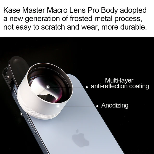 Kase Smartphone Master Macro Lens con clip de teléfono para iPhone 15 14 13  12 11 8 7 XR X XS 6/Samsung/Android, montaje de rosca de 0.669 in para