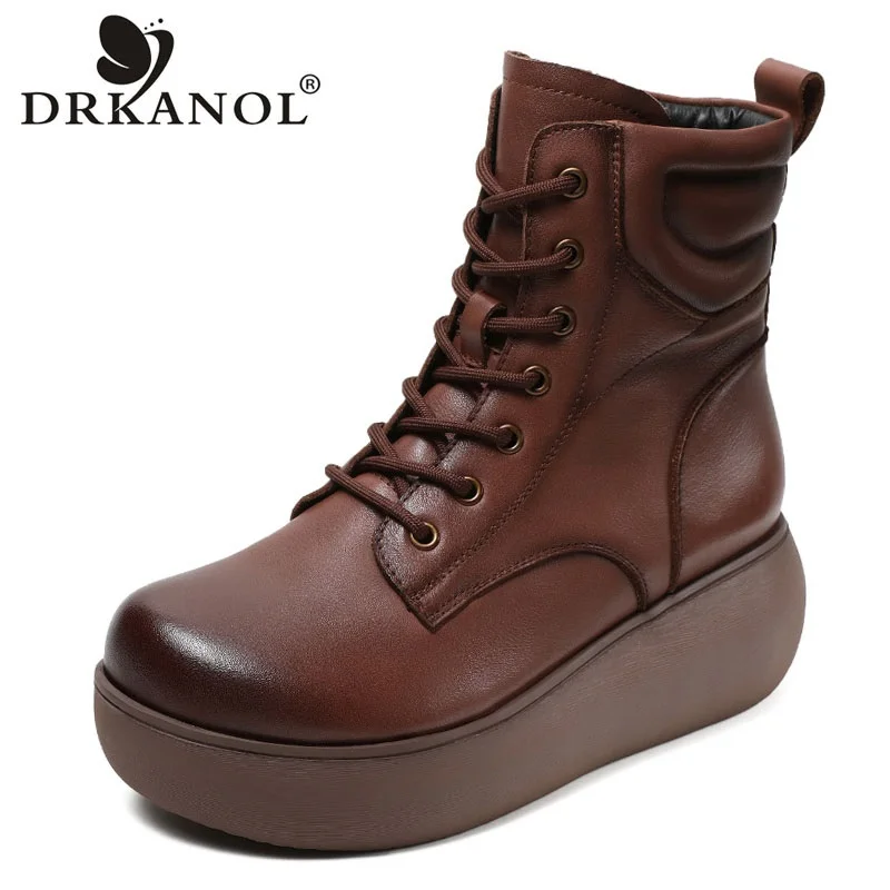 

DRKANOL Handmade Retro Chunky Platform Ankle Boots For Women Autumn Winter Warm Wedges Heel Genuine Leather Lace-Up Short Boots