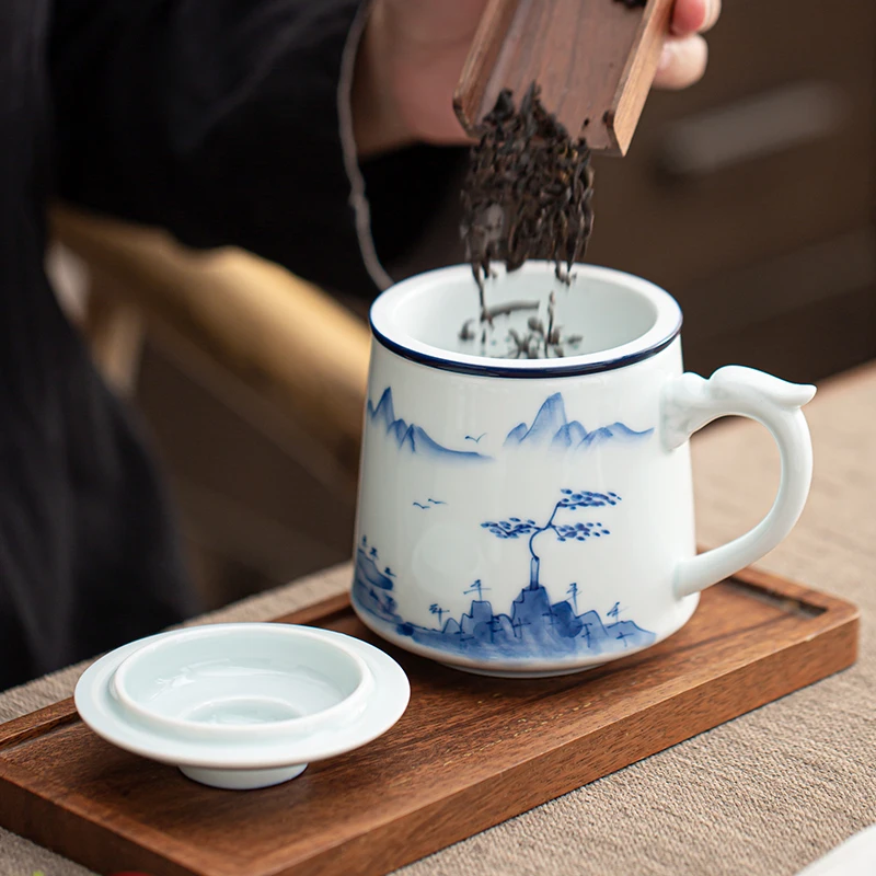 Chinese Style Ceramic Mugs, Home Personal Office Creative Teacup With Cover, Filtered Tea Water Separation, Tea Cups, 500ml, 1Pc