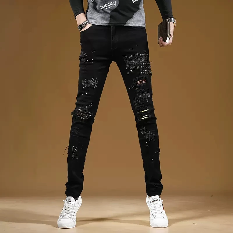 

Free Shipping New Black Jeans Men Hole Patch Fashion Brand Korean Slim Fit Feet Fashion Men's Casual Versatile Elastic Pants