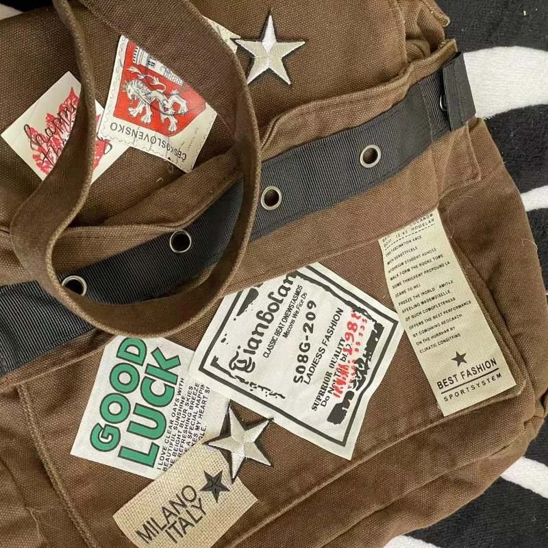 Canvas Bag Women Messenger Bag MBTI Vintage Y2k Messenger Bag for Women Canvas Star Patch Students School Crossbody Bags American Fashion Retro Female Handbags