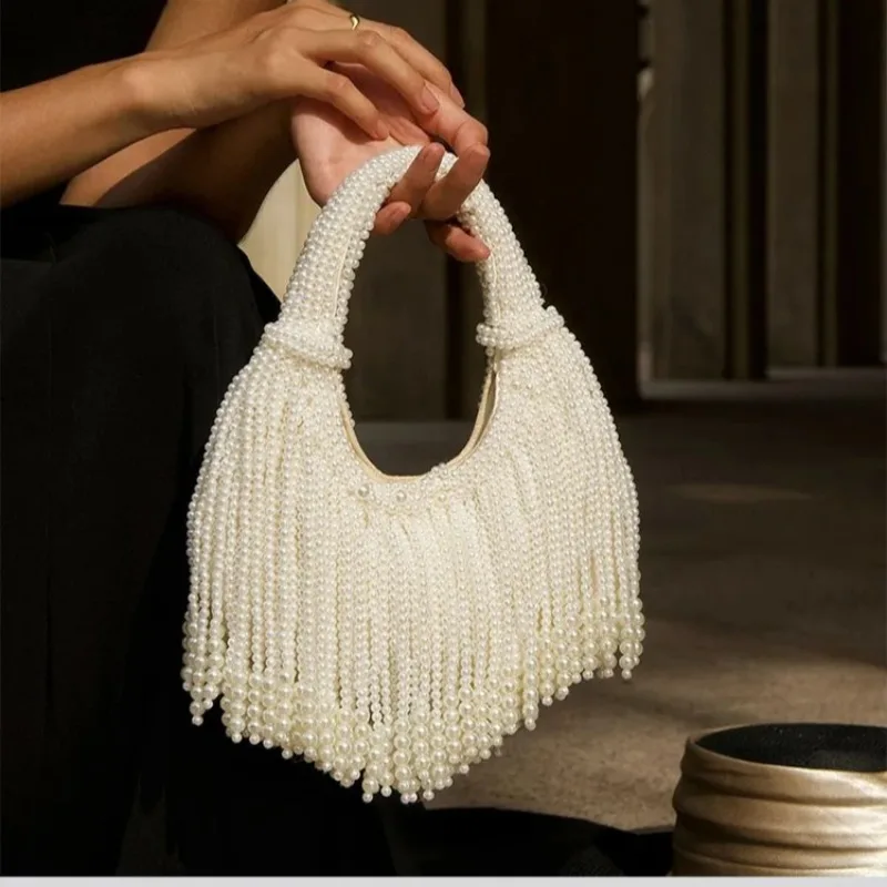 Borsa da sera con manico in perle, pochette di lusso firmata con nappa lunga, borsa a mano da donna fatta a mano dal design alla moda - immagine 2